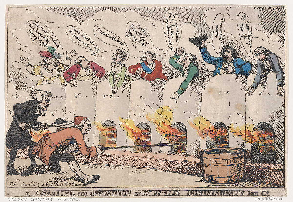 A Sweating for Opposition by Dr. W-llis Dominisweaty and Co., Thomas Rowlandson (British, London 1757–1827 London), Hand-colored etching and aquatint 