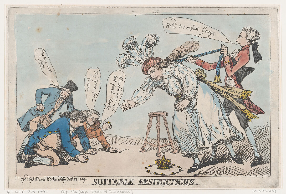Suitable Restrictions, Thomas Rowlandson (British, London 1757–1827 London), Hand-colored etching and aquatint 