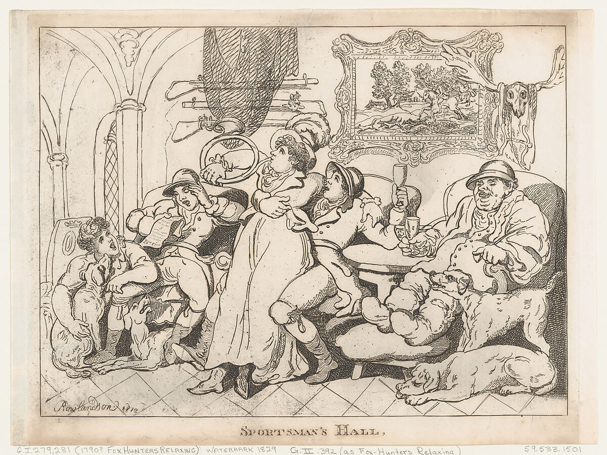 Sportsman's Hall, or Fox-Hunters Relaxing, Thomas Rowlandson (British, London 1757–1827 London), Etching 