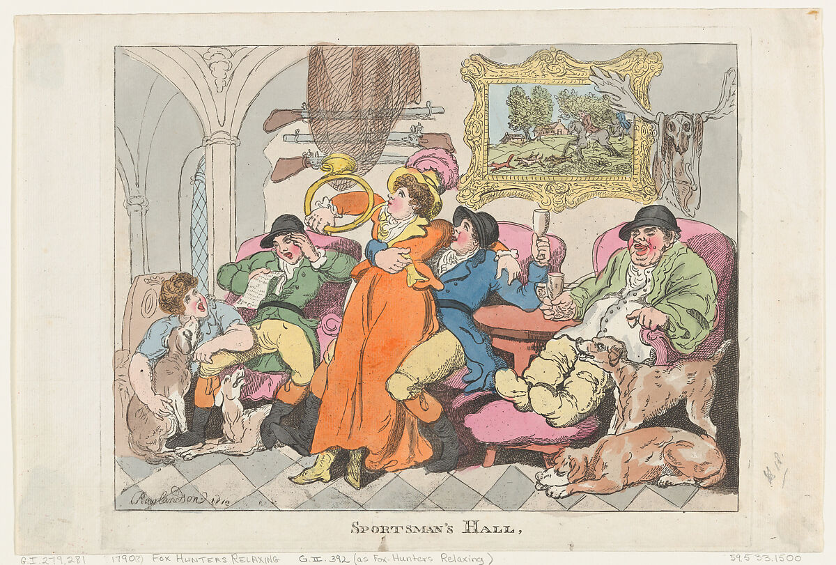 Sportsman's Hall, or Fox-Hunters Relaxing, Thomas Rowlandson (British, London 1757–1827 London), Hand-colored etching 