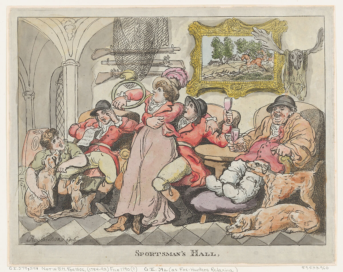 Sportsman's Hall, or Fox-Hunters Relaxing, Thomas Rowlandson (British, London 1757–1827 London), Hand-colored etching 