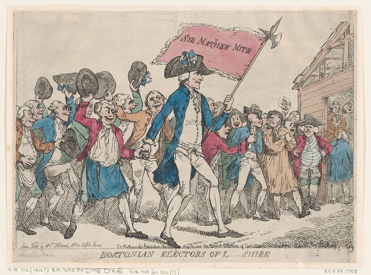 Bostonian Electors of L-Shire, Thomas Rowlandson (British, London 1757–1827 London), Hand-colored etching 
