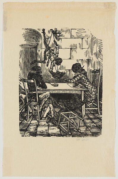 On an island situated between Cabo Catoche and Sibera; a group of monkeys around a table, one hanging from the ceiling reading a book (The Editors), illustration for 'Don Bullebulle', Gabriel Vicente Gahona (Picheta) (Mexican, Mérida, Mexico 1828–1899 Mérida), Wood engraving 