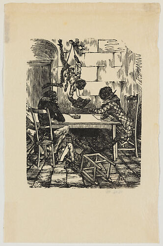 On an island situated between Cabo Catoche and Sibera; a group of monkeys around a table, one hanging from the ceiling reading a book (The Editors), illustration for 'Don Bullebulle'