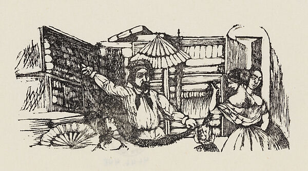 People talking to a shop vendor at a dry goods counter, illustration for 'Don Bullebulle', Gabriel Vicente Gahona (Picheta) (Mexican, Mérida, Mexico 1828–1899 Mérida), Wood engraving 