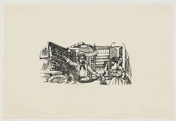 People talking to a shop vendor at a dry goods counter, illustration for 'Don Bullebulle', Gabriel Vicente Gahona (Picheta) (Mexican, Mérida, Mexico 1828–1899 Mérida), Wood engraving