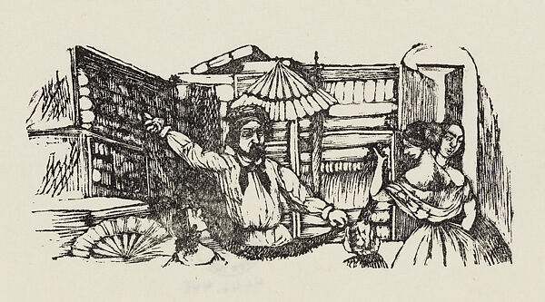 People talking to a shop vendor at a dry goods counter, illustration for 'Don Bullebulle'