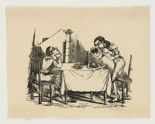 Two priests eating at a table during carnival, illustration for 'Don Bullebulle', Gabriel Vicente Gahona (Picheta) (Mexican, Mérida, Mexico 1828–1899 Mérida), Wood engraving 