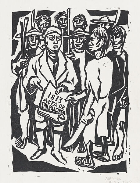 'Acta de Chilpancingo', group of men discussing the 1813 Act of Chipalcingo declaring Mexico independent of Spain, Alfredo Zalce (Mexican, Pátzcuaro, Michoacán 1908–2003 Morelia), Linocut 