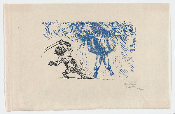 The father strikes the sombrerón with an axe, from "El Sombrerón", Alfredo Zalce (Mexican, Pátzcuaro, Michoacán 1908–2003 Morelia), Linocut in black and blue on ivory Japanese paper 