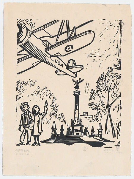 Two people looking up at an American airplane flying overhead, Alfredo Zalce (Mexican, Pátzcuaro, Michoacán 1908–2003 Morelia), Linocut 