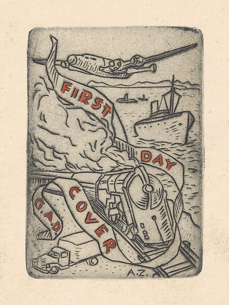 A boat, a truck, a train, and an airplane with a ribbon that reads 'First Day Cover G.A.D.', Alfredo Zalce (Mexican, Pátzcuaro, Michoacán 1908–2003 Morelia), Metal plate engraving 