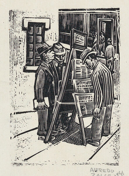 A group of men looking at a newspaper stand, Alfredo Zalce (Mexican, Pátzcuaro, Michoacán 1908–2003 Morelia), Linocut 