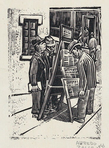 A group of men looking at a newspaper stand
