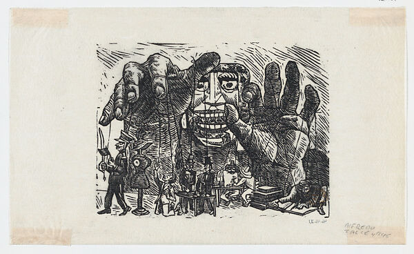 A puppeteer and his puppets, from "El Sombrerón", Alfredo Zalce (Mexican, Pátzcuaro, Michoacán 1908–2003 Morelia), Linocut 