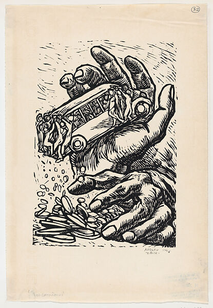 'Los Camiones', a giant pair of hands about to crush a bus full of people, Alfredo Zalce (Mexican, Pátzcuaro, Michoacán 1908–2003 Morelia), Linocut 