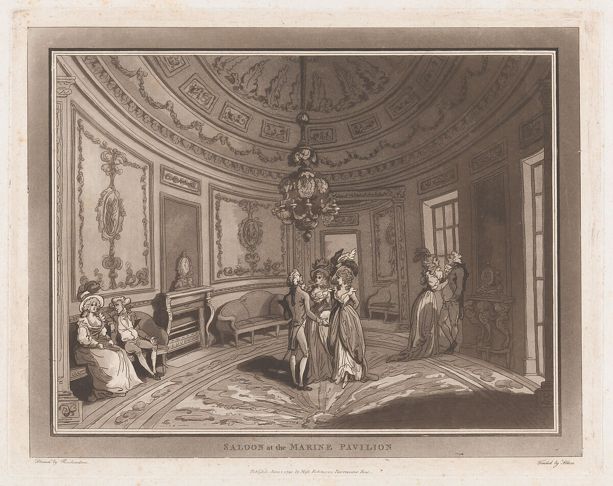 Saloon at the Marine Pavillion (An Excursion to Brighthelmstone), Drawn and etched by Thomas Rowlandson (British, London 1757–1827 London), Etching and aquatint 