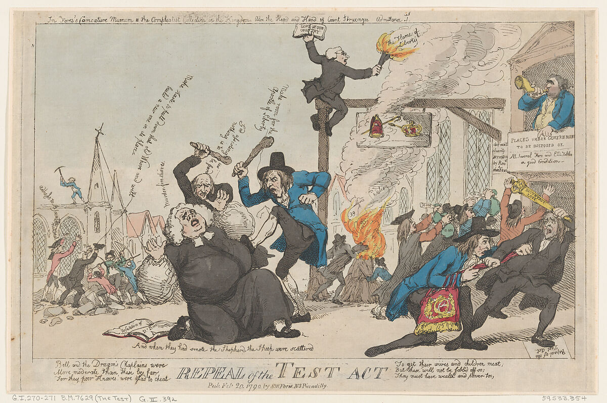 Repeal of the Test Act, Thomas Rowlandson (British, London 1757–1827 London), Hand-colored etching and aquatint 