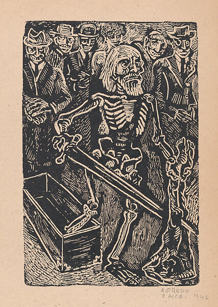Miguel Hidalgo as a skeleton rising from a coffin holding a sword, illustration for 'Hidalgo', Alfredo Zalce (Mexican, Pátzcuaro, Michoacán 1908–2003 Morelia), Wood engraving 
