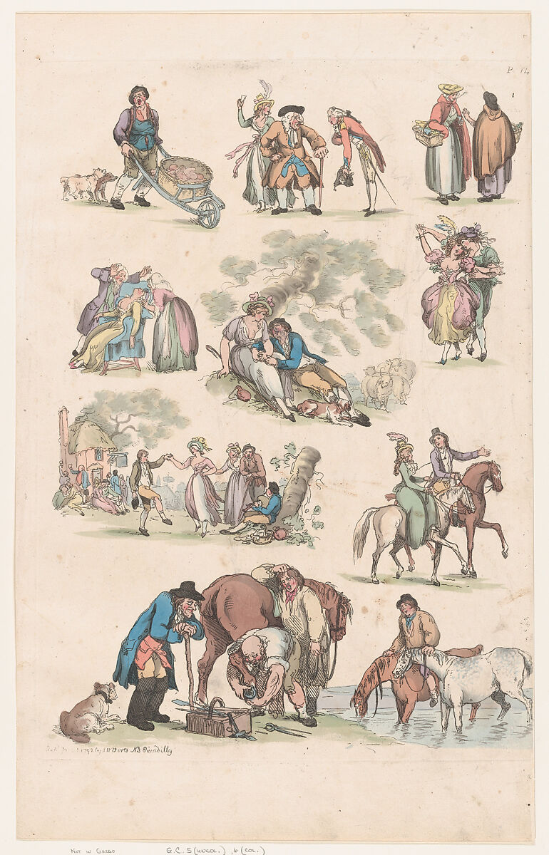 Plate 14, Outlines of Figures, Landscapes and Cattle...for the Use of Learners, Thomas Rowlandson (British, London 1757–1827 London), Hand-colored etching 