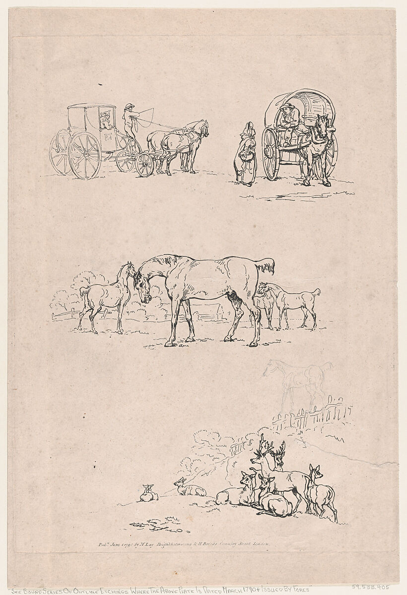 Plate 3, Outlines of Figures, Landscapes and Cattle...for the Use of Learners, Thomas Rowlandson (British, London 1757–1827 London), Etching 