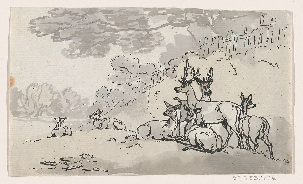 Deer (from Plate 3, Outlines of Figures, Landscapes and Cattle...for the Use of Learners), Thomas Rowlandson (British, London 1757–1827 London), Etching with wash 