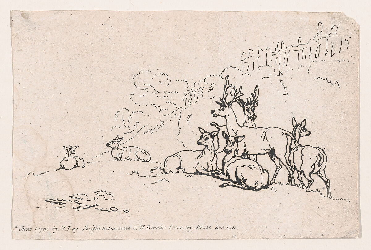 Deer (from Plate 3, Outlines of Figures, Landscapes and Cattle...for the Use of Learners), Thomas Rowlandson (British, London 1757–1827 London), Etching 