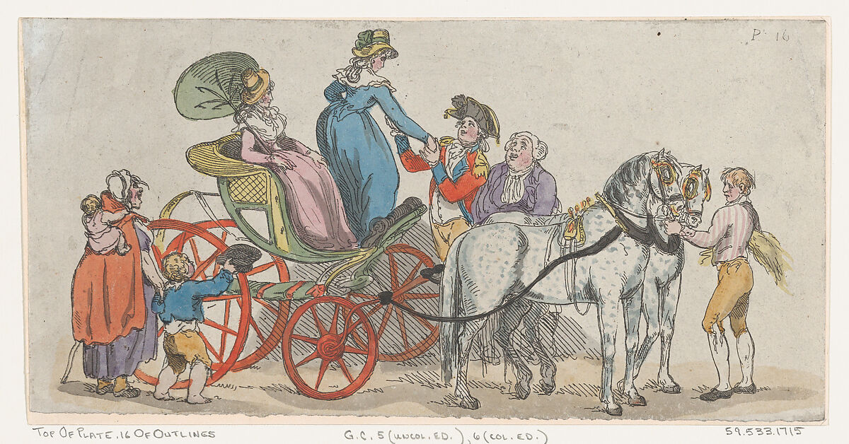 Ladies Getting Out of a Carriage (from Plate 16, Outlines of Figures, Landscapes and Cattle), Thomas Rowlandson (British, London 1757–1827 London), Hand-colored etching 