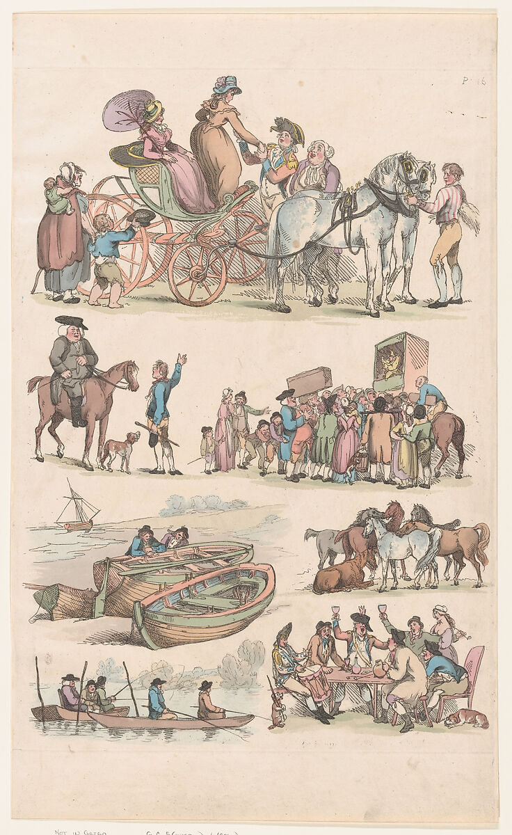 Plate 16, Outlines of Figures, Landscapes and Cattle...for the Use of Learners, Thomas Rowlandson (British, London 1757–1827 London), Hand-colored etching 