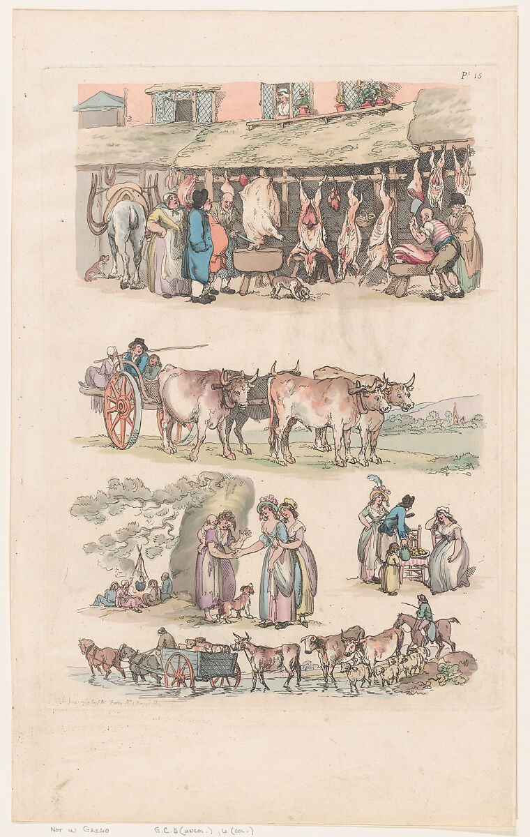 Plate 15, Outlines of Figures, Landscapes and Cattle...for the Use of Learners, Thomas Rowlandson (British, London 1757–1827 London), Hand-colored etching 