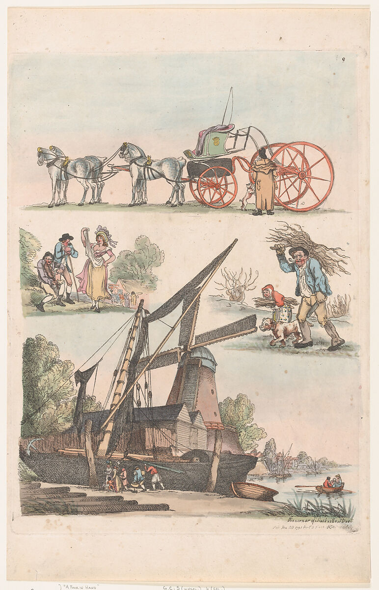 Plate 9, Outlines of Figures, Landscapes and Cattle...for the Use of Learners, Thomas Rowlandson (British, London 1757–1827 London), Hand-colored etching 
