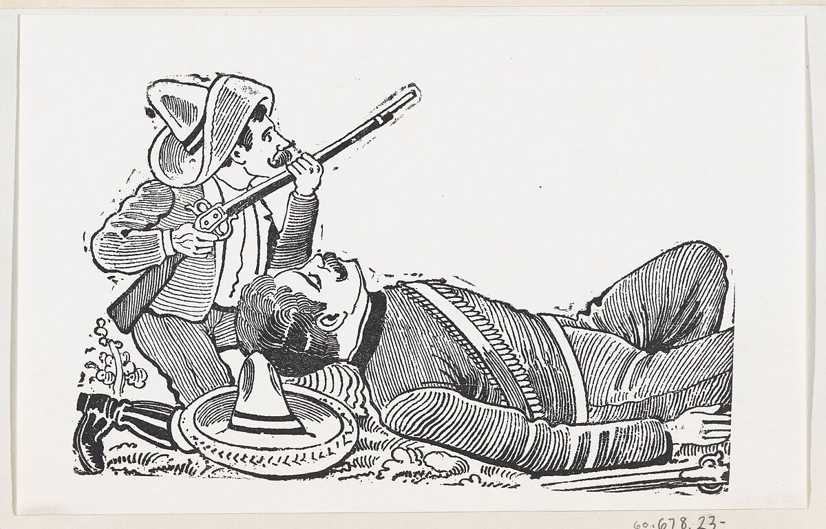 A revolutionary holding a rifle and kneeling to protect a fallen revolutionary, José Guadalupe Posada (Mexican, Aguascalientes 1852–1913 Mexico City), Zincograph 