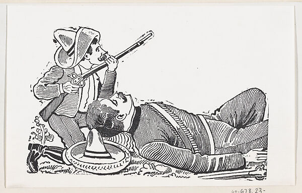 A revolutionary holding a rifle and kneeling to protect a fallen revolutionary