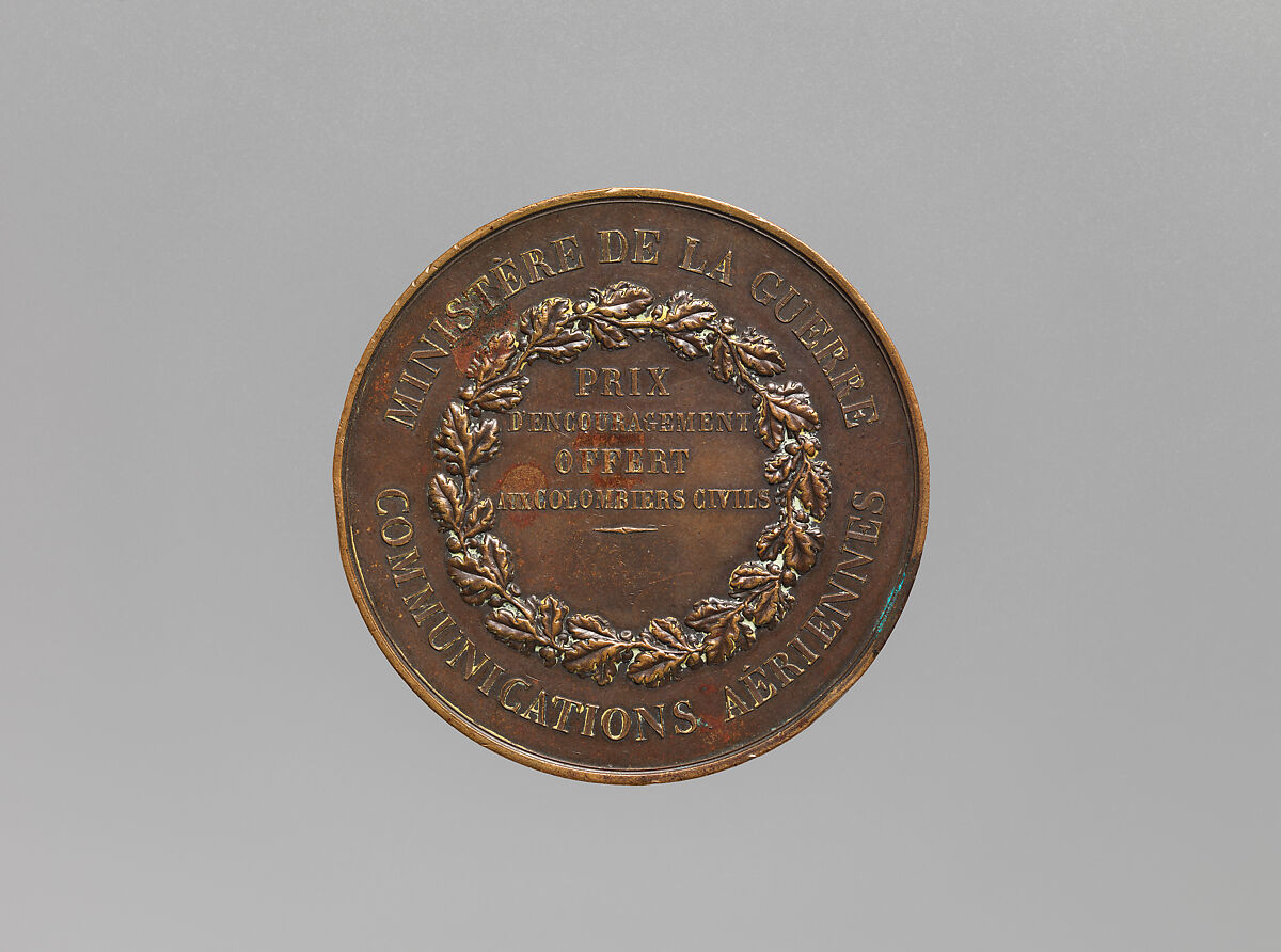 Medal Awarded to French Civilian Pigeon-Keepers (Colombiers civils), Medalist: Eugène-André Oudiné (French, Paris 1810–1887 Paris), Copper, French