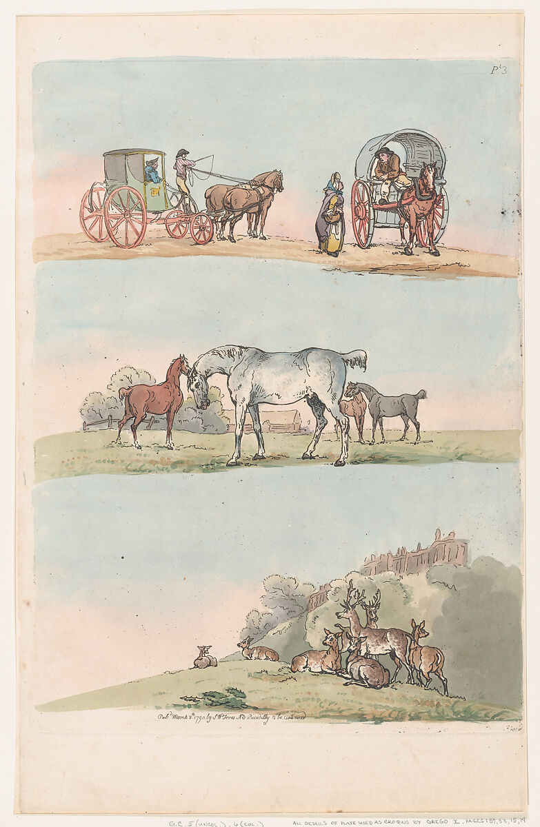 Plate 3, Outlines of Figures, Landscapes and Cattle...for the Use of Learners, Thomas Rowlandson (British, London 1757–1827 London), Hand-colored etching 