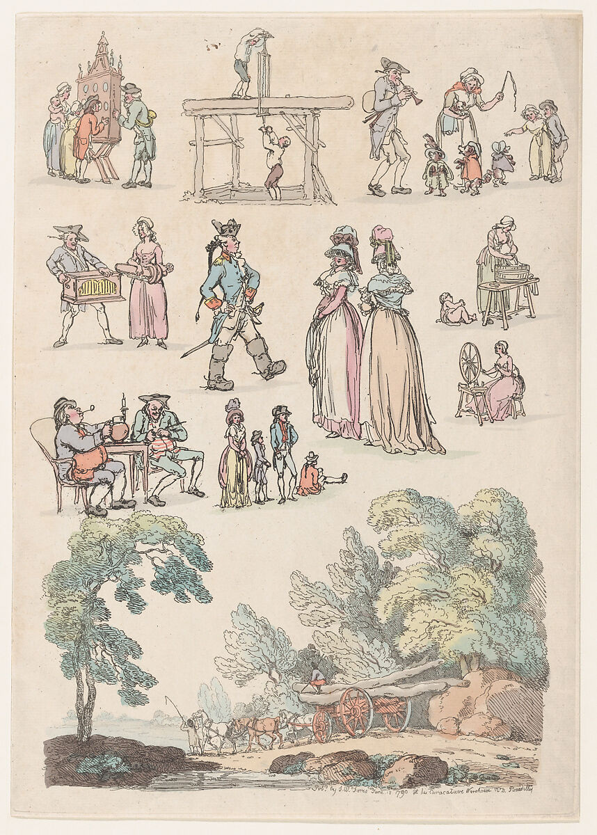 Plate 5, Outlines of Figures, Landscapes and Cattle...for the Use of Learners, Thomas Rowlandson (British, London 1757–1827 London), Hand-colored etching 