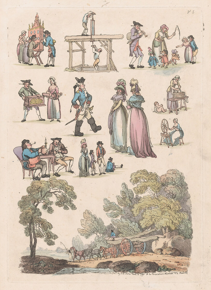 Plate 5, Outlines of Figures, Landscapes and Cattle...for the Use of Learners, Thomas Rowlandson (British, London 1757–1827 London), Hand-colored etching 