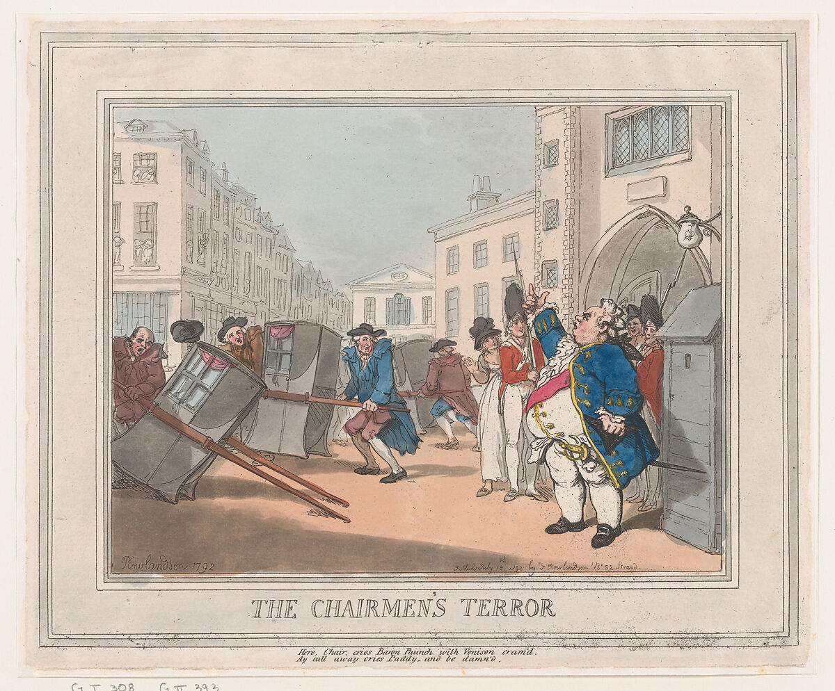 The Chairmen's Terror, Thomas Rowlandson (British, London 1757–1827 London), Hand-colored etching 