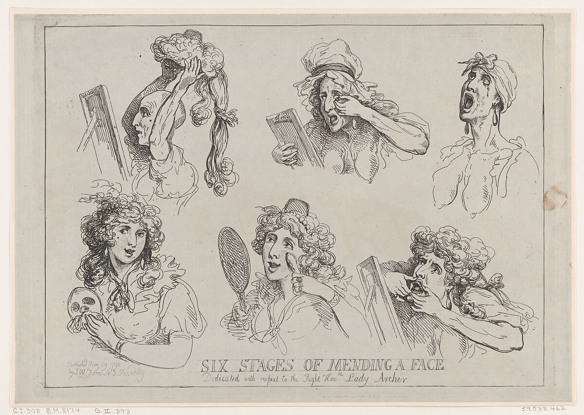 Six Stages of Mending a Face, Dedicated with respect to the Right Hon-ble. Lady Archer, Thomas Rowlandson (British, London 1757–1827 London), Etching 