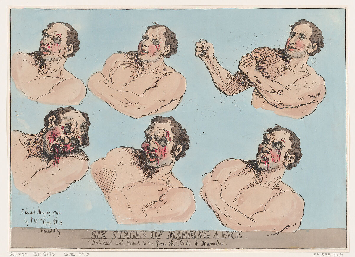 Six Stages of Marring a Face, Thomas Rowlandson (British, London 1757–1827 London), Hand-colored etching 