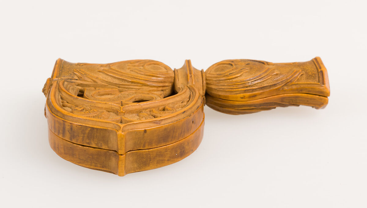 Letter P with the Legend of Saint Philip, Boxwood; later (18th century) embroidered silk pouch, Netherlandish