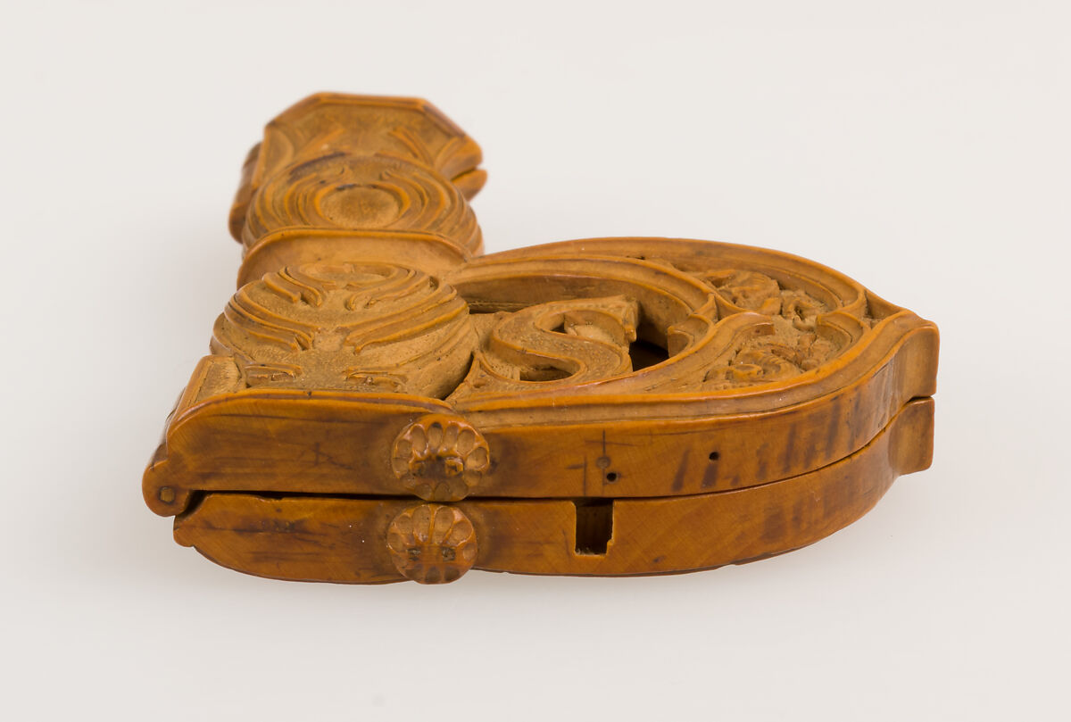 Letter P with the Legend of Saint Philip, Boxwood; later (18th century) embroidered silk pouch, Netherlandish