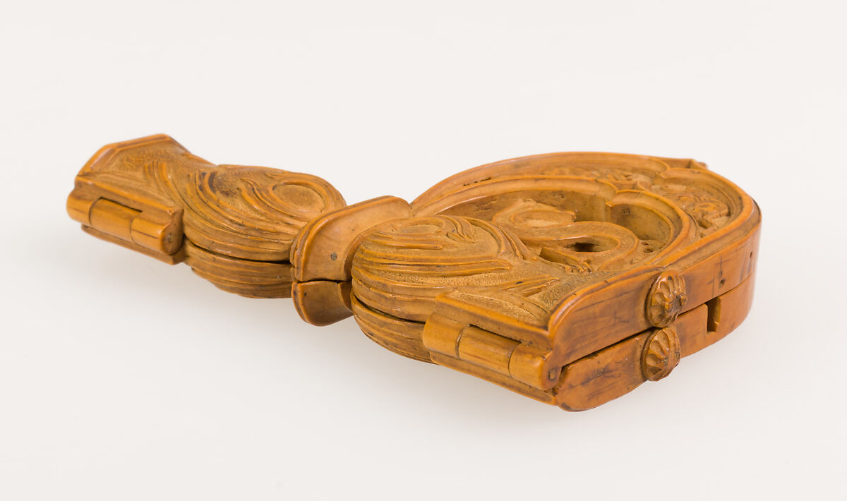 Letter P with the Legend of Saint Philip, Boxwood; later (18th century) embroidered silk pouch, Netherlandish