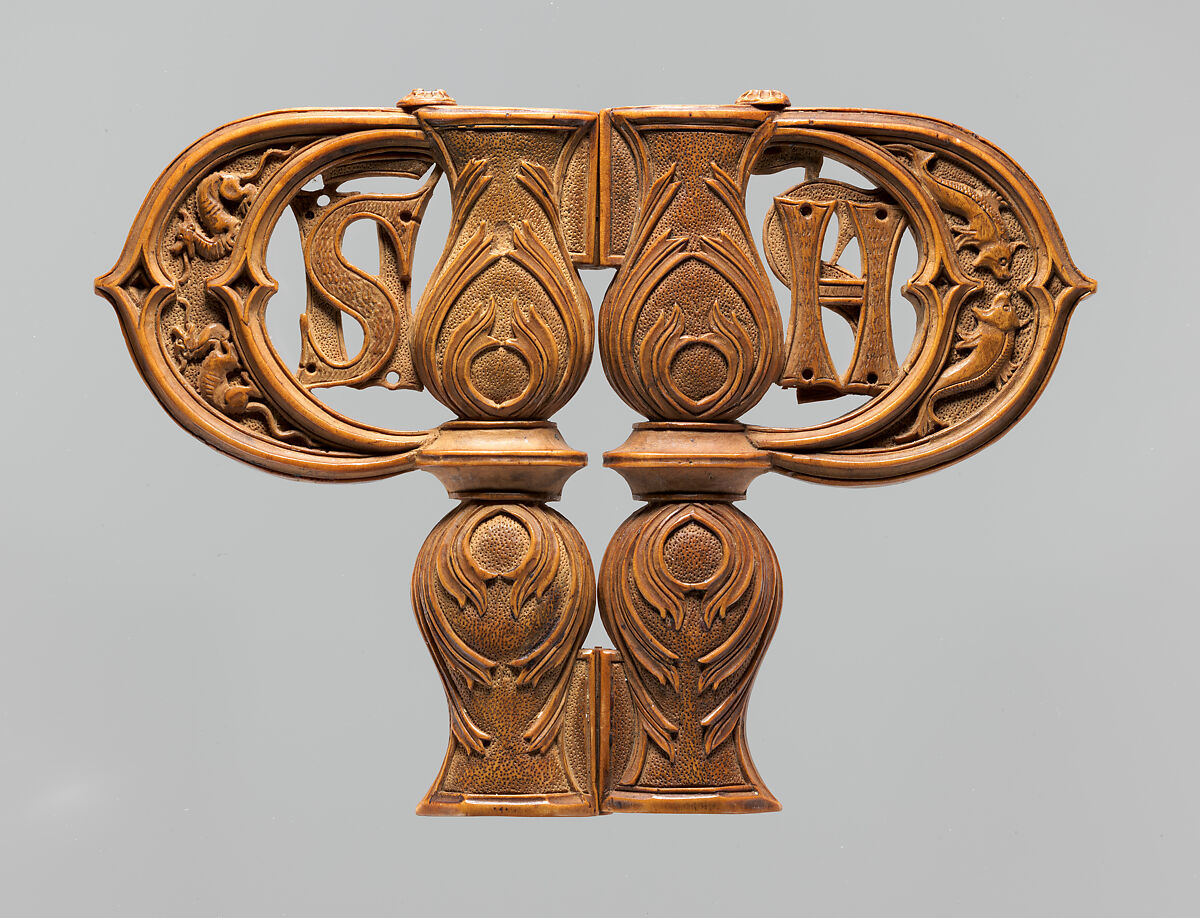 Letter P with the Legend of Saint Philip, Boxwood; later (18th century) embroidered silk pouch, Netherlandish