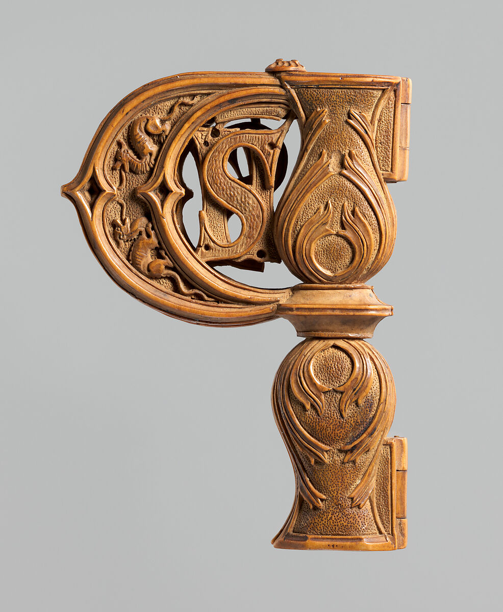 Letter P with the Legend of Saint Philip, Boxwood; later (18th century) embroidered silk pouch, Netherlandish