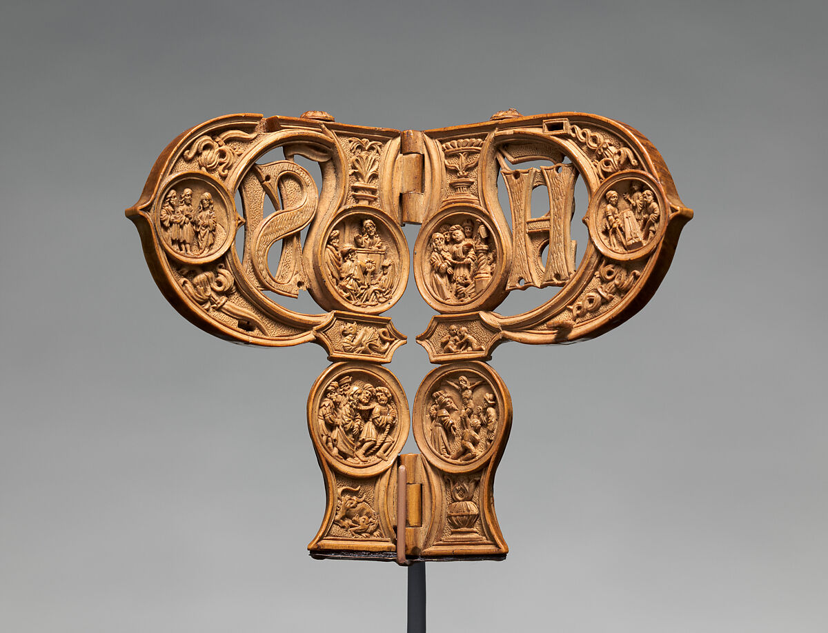 Letter P with the Legend of Saint Philip, Boxwood; later (18th century) embroidered silk pouch, Netherlandish