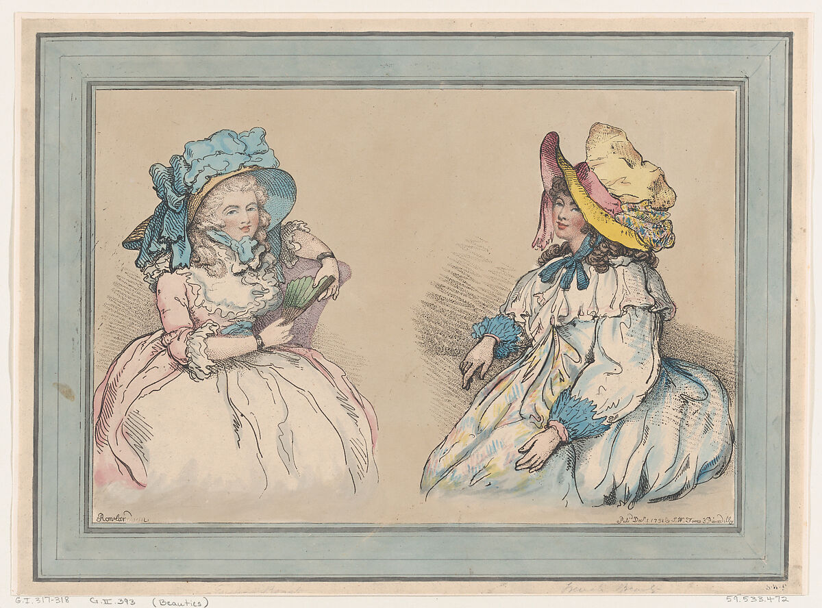 Beauties, Thomas Rowlandson (British, London 1757–1827 London), Hand-colored stipple engraving and etching 