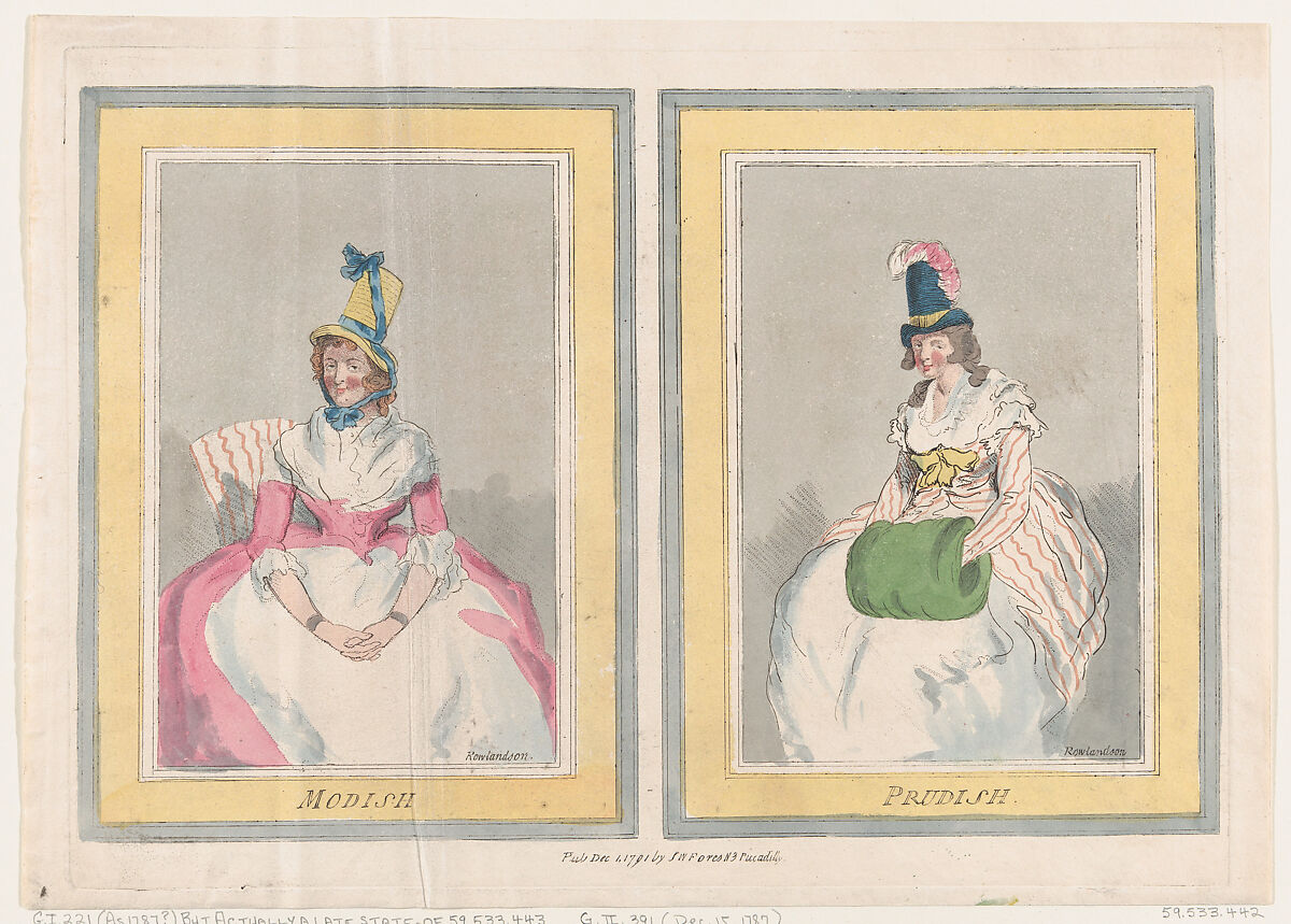 Modish and Prudish, Thomas Rowlandson (British, London 1757–1827 London), Hand-colored etching 