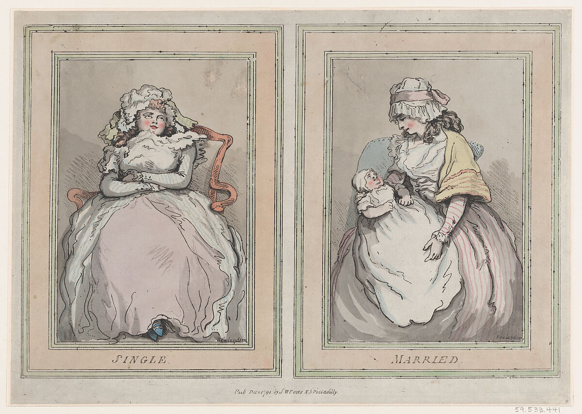 Single and Married, Thomas Rowlandson (British, London 1757–1827 London), Hand-colored etching 