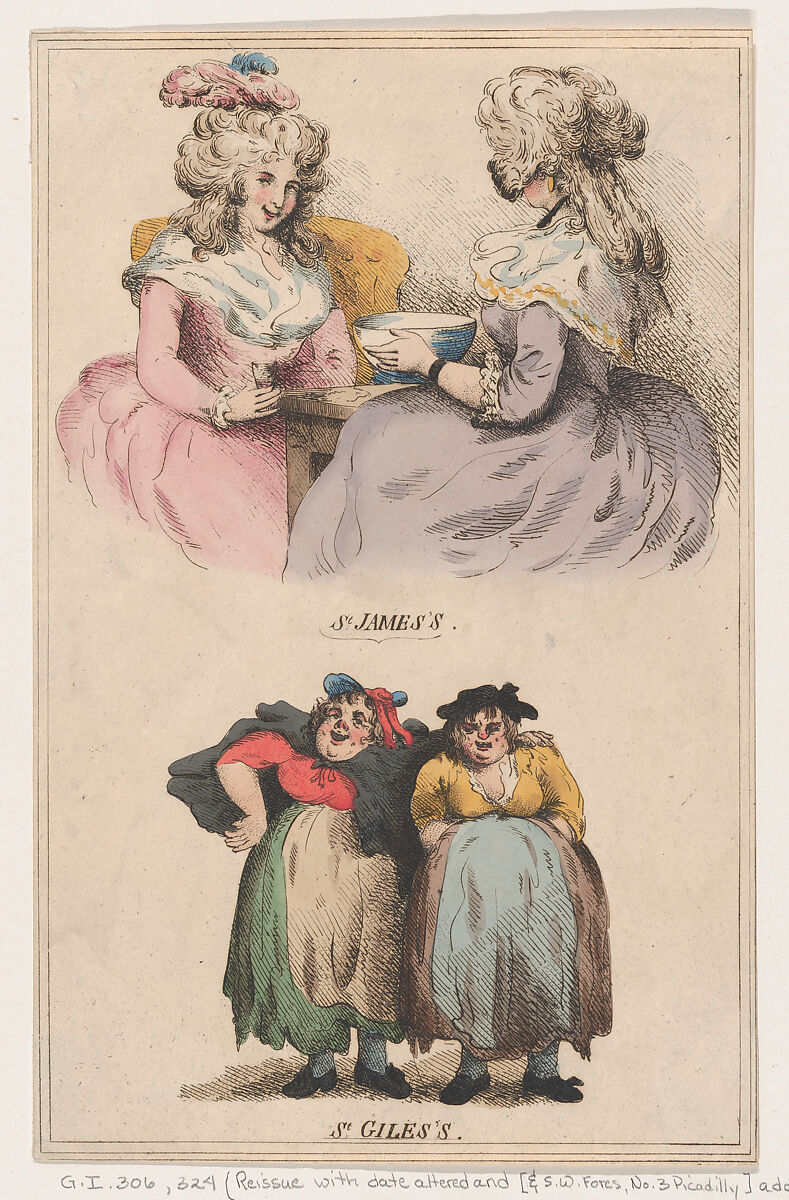 St. James's and St. Giles's, Thomas Rowlandson (British, London 1757–1827 London), Hand-colored etching 